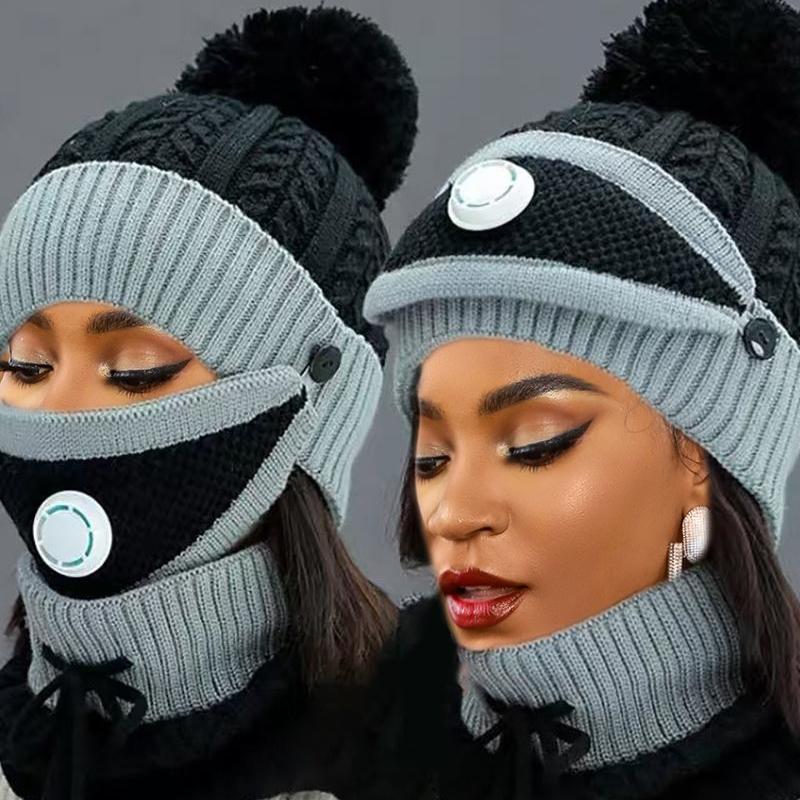 

Cycling Caps Winter Women 3 Piece Warm Wool Beanies Hats With Mask Collar Bib Female Velvet Thick Anti- Knit Caps For Cute Lady, 03