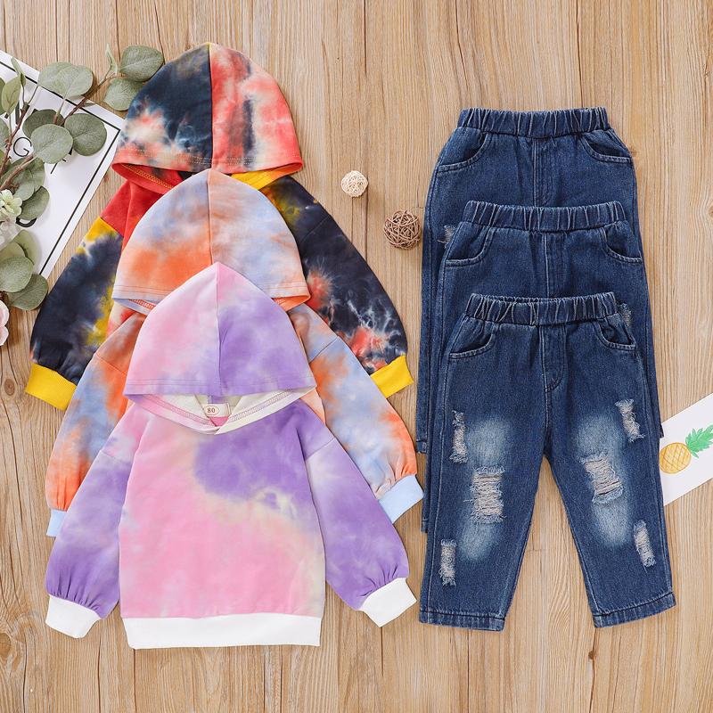 

18Months-6Years Newborn Baby Boys Girls Rainbow Tie-Dye Hoodie Sweatshirt Tops+Ripped Jeans Set Casual denim suit Multicolor M5, As photo