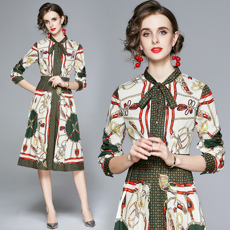 

Boutique Lady Dress Long Sleeve High-end Printed Bow Dress 2021 Spring Autumn Pleated Dress Temperament Womens Dresses, Multi