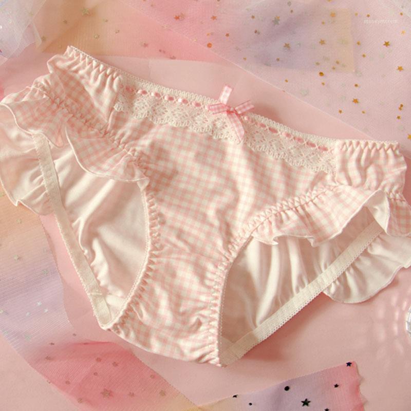 

Japanese Soft Sister Sweet Pink Mid-Waist Plaid Panties Milk Silk Ribbon Girls Student Kawaii Cute Bowknot Briefs Preppy Style1