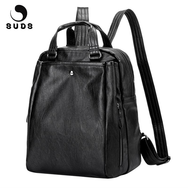

SUDS Brand Backpack Women Casual PU Leather Bag Designer High Quality School Bag For Teenage Girl Large Capacity Travel Backpack, Black