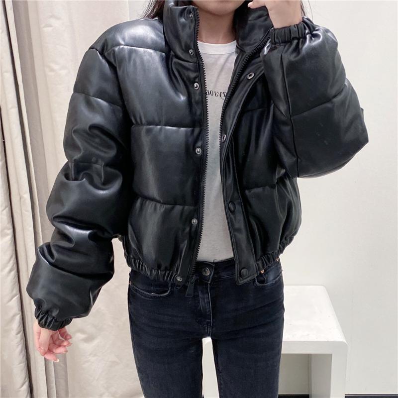

Winter Thick Warm Short Parkas Women Fashion Black PU Leather Coats Women Elegant Zipper Cotton Jackets Female Ladies