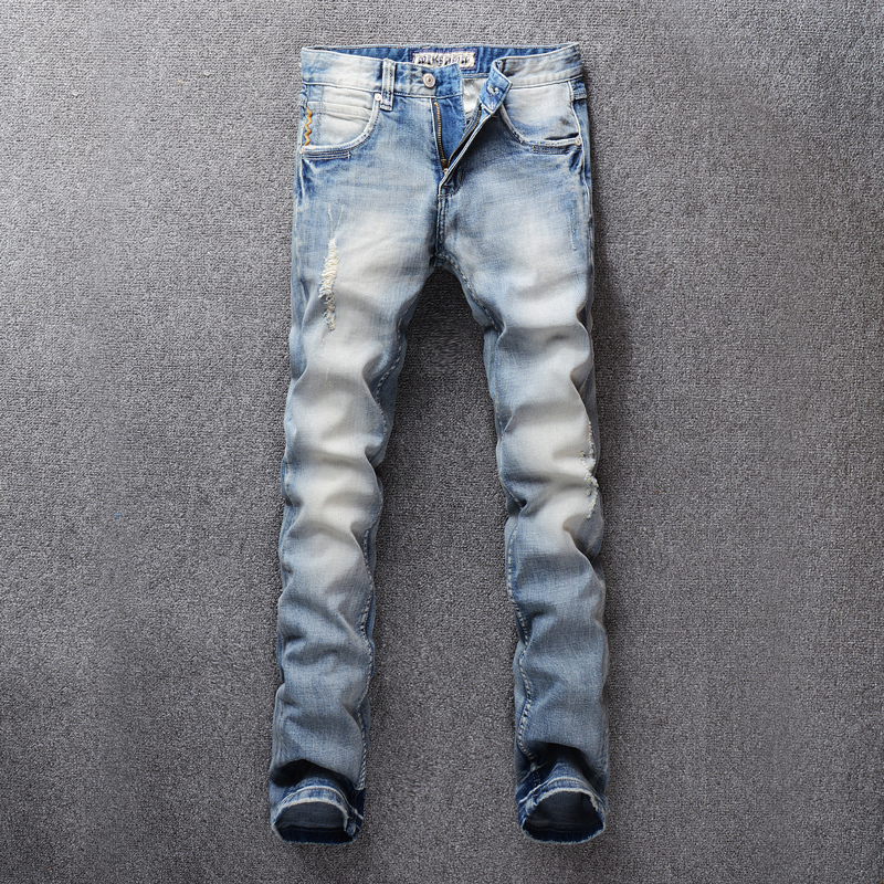 

2021 New Italian Fashion Men High Quality Retro Light Blue Elastic Slim Fit Ripped Denim Trousers Streetwear Vintage Designer Pants Krz5