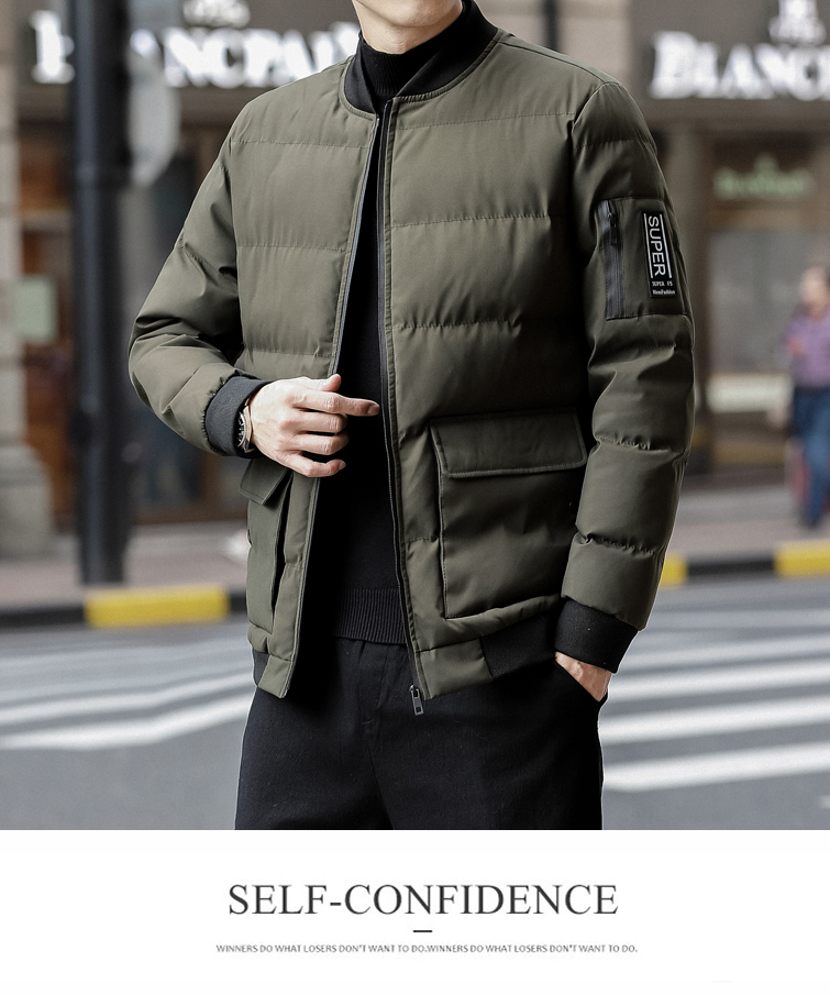 

Army Green Small Cotton-Padded Jacket Man Short Thin Coat