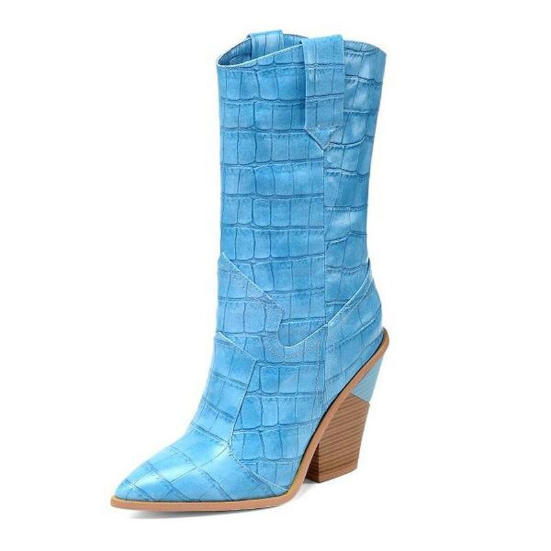 

fashion embossed microfiber leather women ankle boots pointed toe western cowboy boots women mid-calf chunky wedges runway, Black
