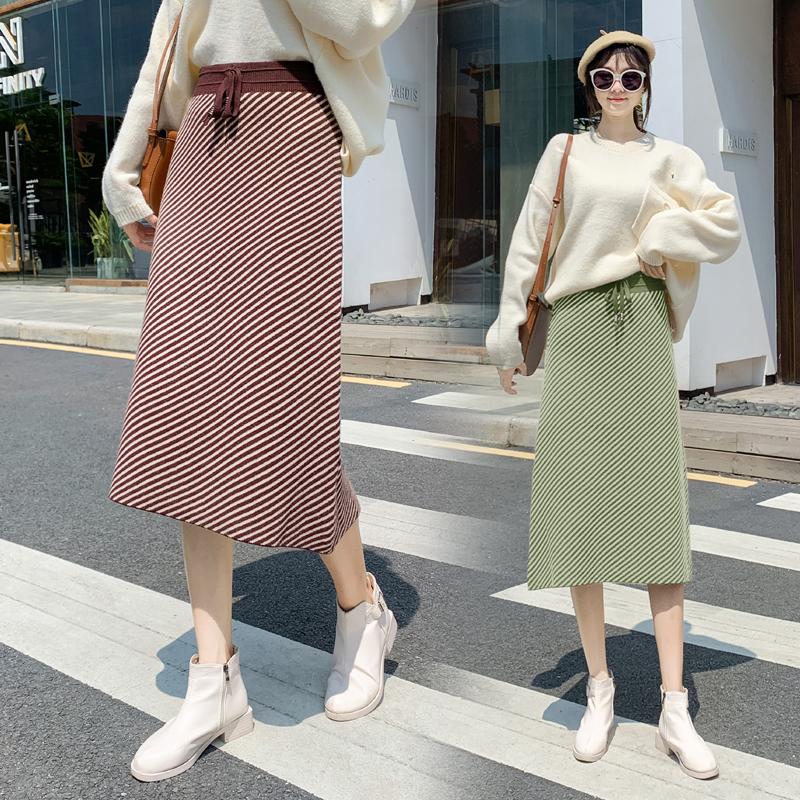 

Knitted Women Skirts 2020 Autumn Winter Korean Chic Ladies Skirt High Waist A-Line Striped Skirt Thick Sweater Sashes Bow Bottom, Black