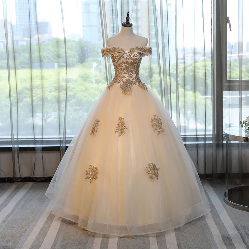 

2021 New Arrival Bateau Champagne Ball Gown Quinceanera Dresses with Gold Applique Sweet 16 Dress Debutante Prom Party Dress Custom Made 002, Same as picture
