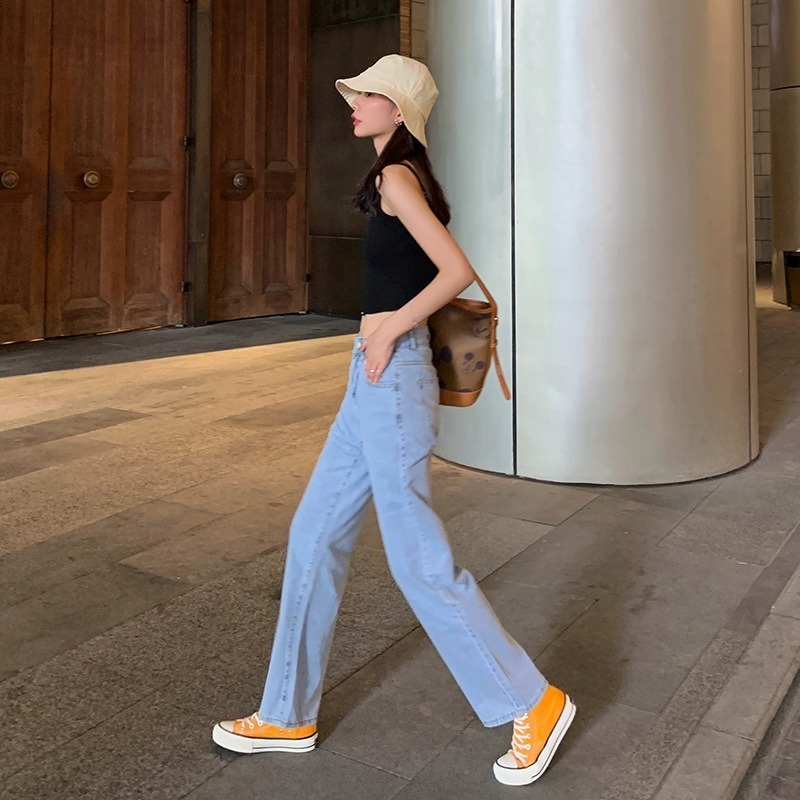 

2021 New Spring summer high waist washed brim pants for women fashion loose, thin and flabby tube wide leg XV2U, Wathet