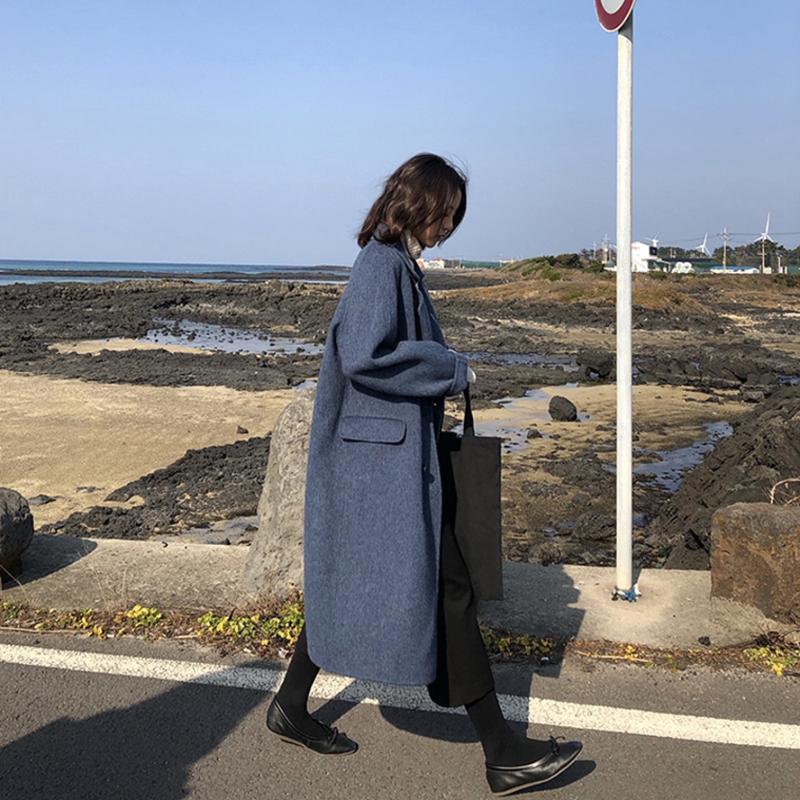 

Women Woolen Coat Long Over-Knee Trench Coat High Cold Temperament Winter Outfits Woolen Outerwear Fashion Elegant Jacket, Blue
