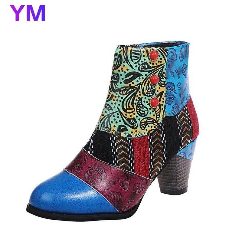 

2021 Hot Print Leather Women Boots Vintage Bohemian Ankle Boots Women Shoes Zipper Low Heel Ladies Shoes Woman Botas Mujer 35-43, Full colour
