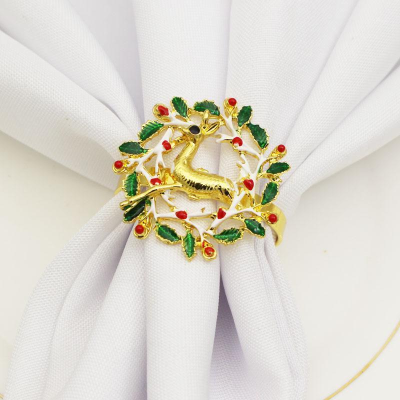 

10Pcs/lot New Christmas wreath deer napkin ring metal napkin buckle holiday party desktop decoration mouth cloth ring1