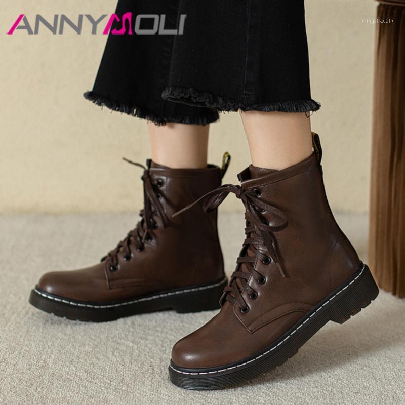 

ANNYMOLI Flat Platform Motorcycle Boots Woman Ankle Boots Round Toe Shoes Lace Up Short Female Autumn Winter Black Size 431