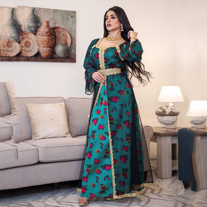 

Pakistani Women Elegant Lace Trim Double Layer Mesh Floral Printed Cotton Traditional Dress Long Gown For Girls Bollywood, Blue
