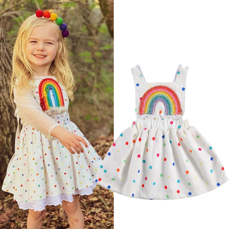 

New 2021 Newborn Baby Girl Princess Dress Colorful Polka Dot Print Rainbow Sleeveless Backless A-Line Summer Dress Clothes 0-24M, As pic