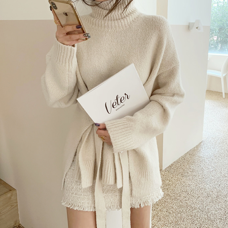 

2021 New Women's Elegant High-necked Large Solid Dimensions Long Sleeve Frivolous Empire Waist Knitted Shirt Winter Clothes 0E80, Beige
