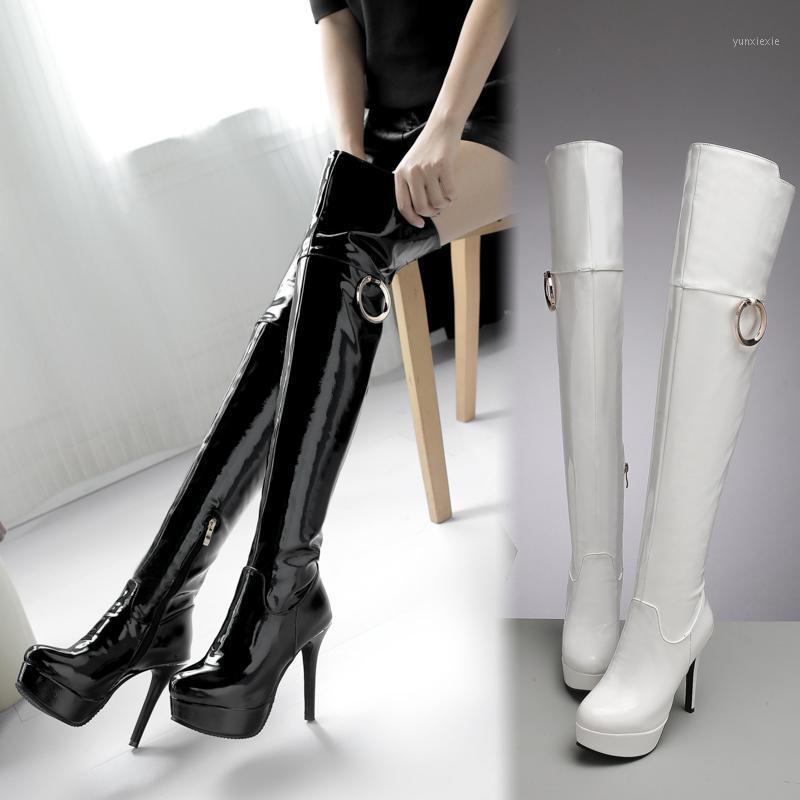 

Women over-the-knee boots Patent leather Metal decoration high heels European and American sexy Thigh boots women platform1, Black