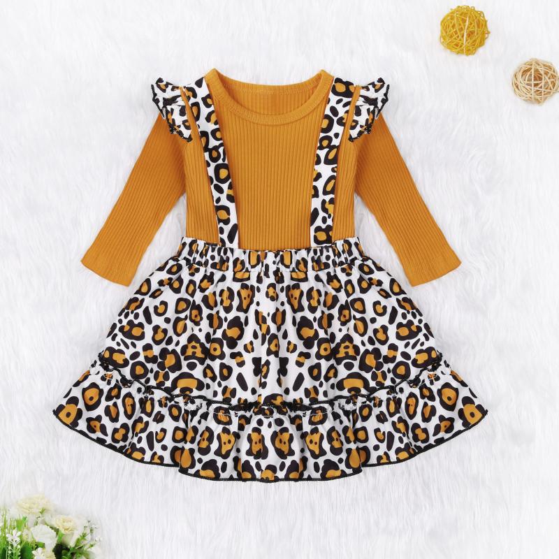 

lioraitiin 1-5Years Toddler Baby Girl 2Pcs Clothing Set Long Sleeve Off Shoulder Solid Cotton Top Leopard Printed Skirt Outfit, As pic