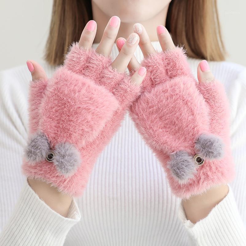 

New Fashion Ladies Winter Ear Flap Plus Velvet Gloves Outdoor Riding Touch Screen Thick Knitted Half-Finger Gloves1