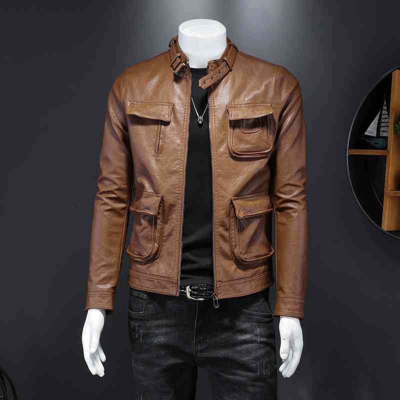 

Men's Jackets men's top autumn and winter stand collar motorcycle leather coat slim fit trendy DAHE, Black