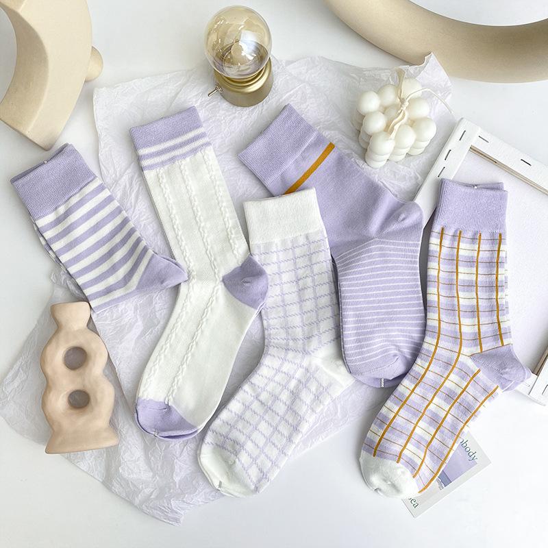 

Fashion Style Cotton Socks Women's Socks Cotton Harajuku Ladies Vintage Purple Plaid Stripes Grids Tube Sock Sox