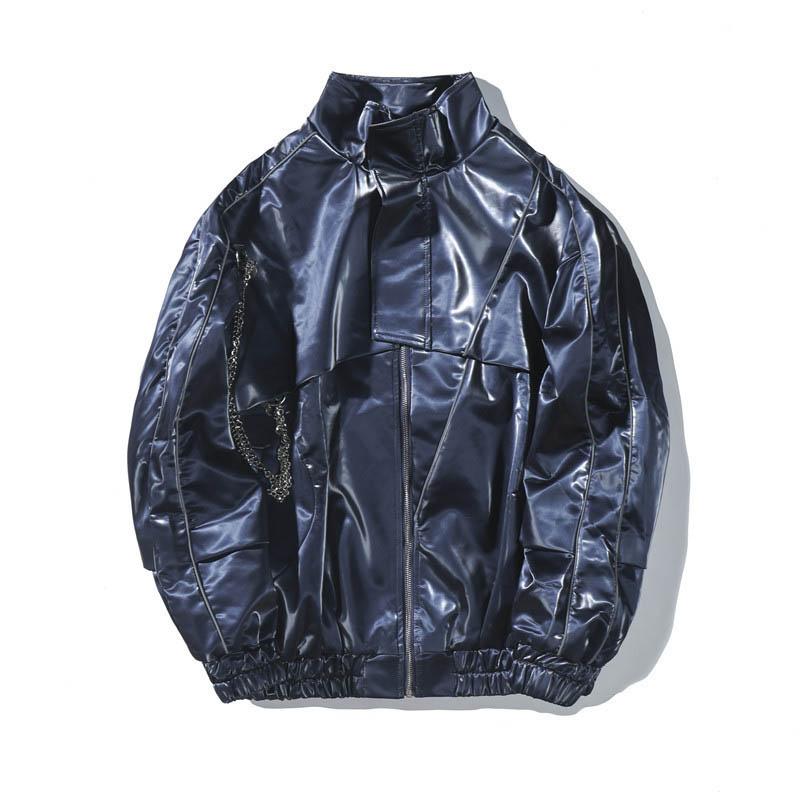 

KIOVNO Fashion Men Motor Faux Leather Jackets Stand Collar Shinny Outwear Coats For Couples Nigt Club DJ Singer Black Blue