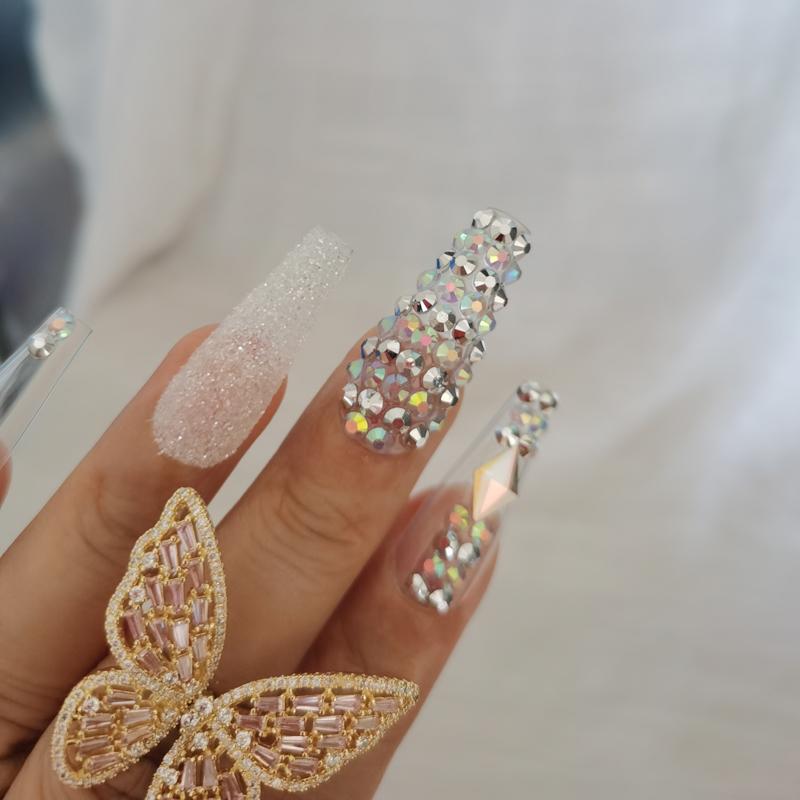 

24pcs Luxury jewelry solid color long ballet coffin salon craft decoration crystal diamond false nails Transparent, 1set