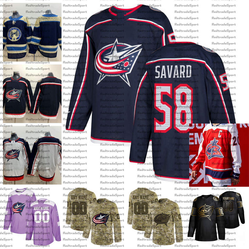 

2021 Reverse Retro Customize #58 David Savard Columbus Blue Jackets Jerseys Golden Edition Camo Veterans Day Fights Cancer Hockey Jersey, White