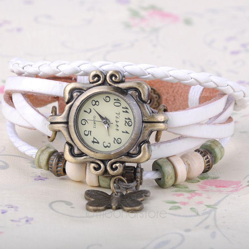

Wristwatches Women Vintage Retro Multi-Layer Braided PU Leather Beads Butterfly Bracelet Watch Quartz Wrist Watch1, Red