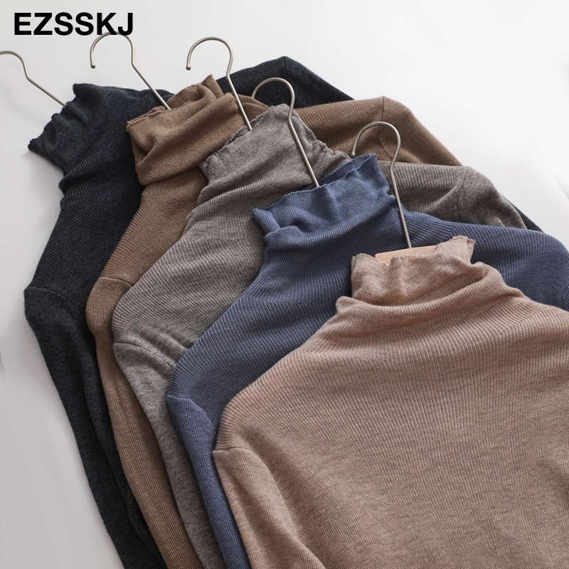 

casual Pile collar spring autumn basic slim cashmere Sweater pullovers Women knit jumper female casual turtleneck thin sweater 201111, Khaki