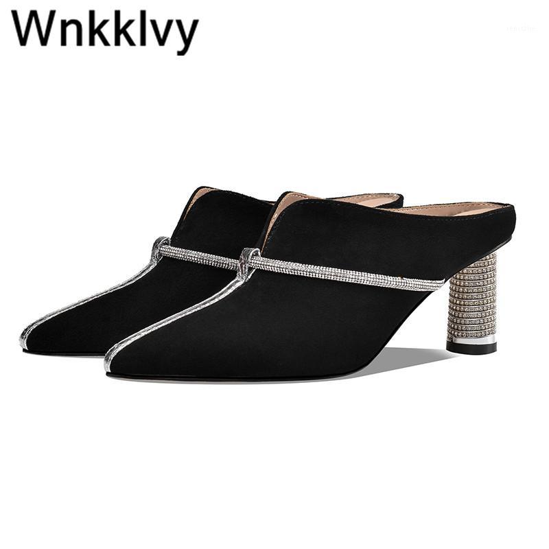 

Summer shiny rhinestone high Heel Slippers Woman suede crystal decor pointed toe slingback Sandals lazy mulers T-show prom shoes1, Khaki