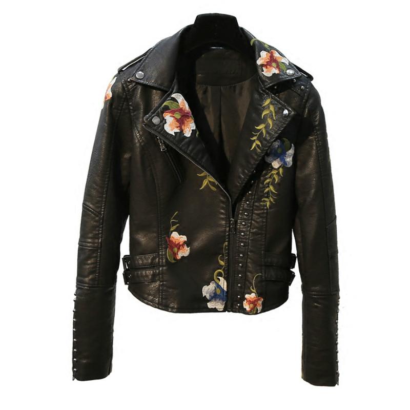 

New Black Embroidery Rivet PU Leather Jacket Women Autumn Winter Slim Short Women Coat Handsome Motorcycle Jacket