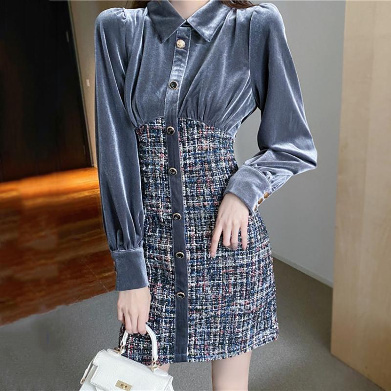 

Autumn Winter Dress Women Long Sleeve Patchwork Vintage Sheath Dress High Quality fashion Korean Mini Dresses Vestidos, Grey