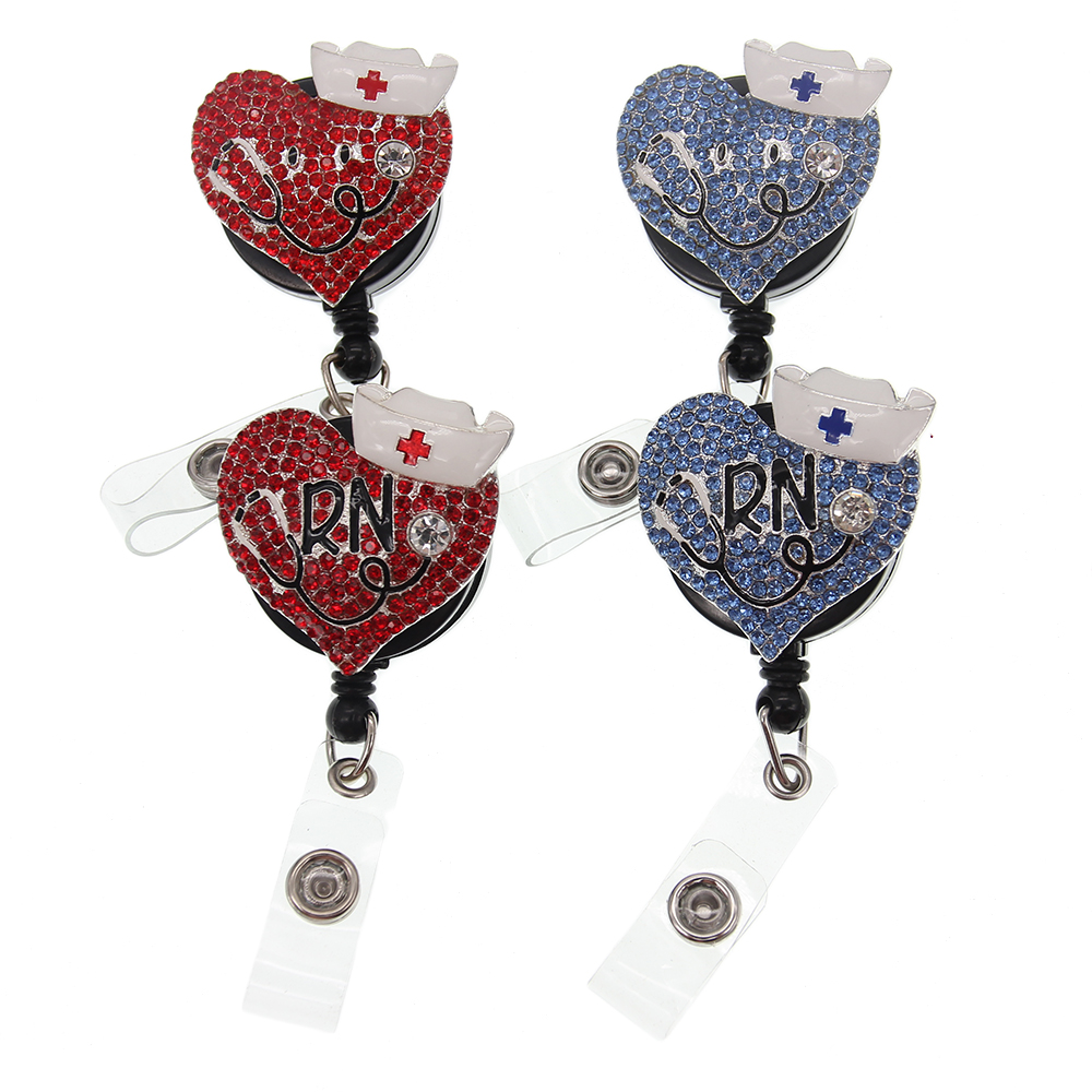 10PCS/Lot Key Rings Retractable Nurse Accessories Medical Enamel Rhinestone Crystal Love Heart RN Shape ID Badge Reel Holder With Clip For Decora-image-619375262