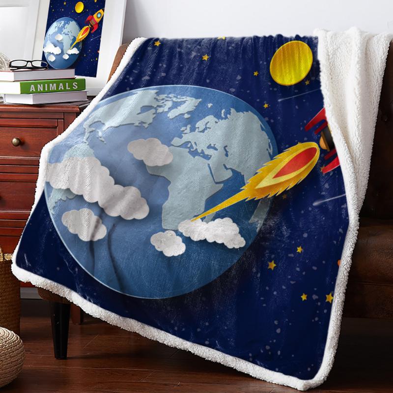 

Galaxy Cartoon Rocket Universe Fleece Blanket Warm Cashmere Blanket Office Sofa Supplies Blankets for Beds
