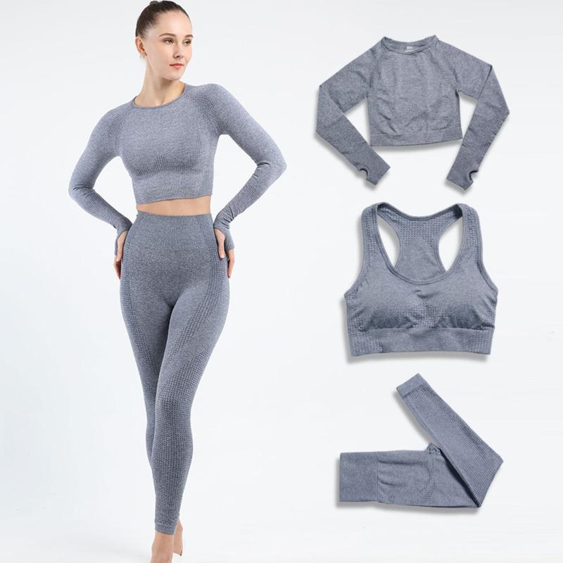 

Seamless Women Yoga Set Workout Sportswear Gym Clothing Fitness Long Sleeve Crop Top High Waist Leggings+Sport Bra Sports Suits, Bra light gray suit