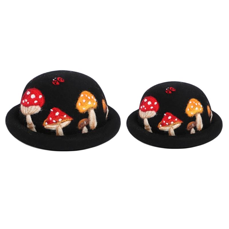 

Parent-Child Winter Autumn Faux Wool Felt Jazz Hat Cute Cartoon Mushroom Ladybird Embroidery Vintage Prom Bucket Cap
