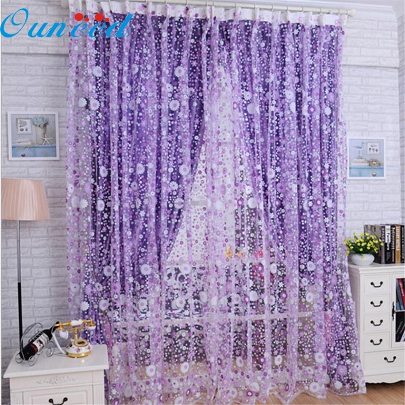 

Zero 2020 Print Floral Voile Door Sheer Window Curtains Room Curtain Divider 100X200CM, Purple