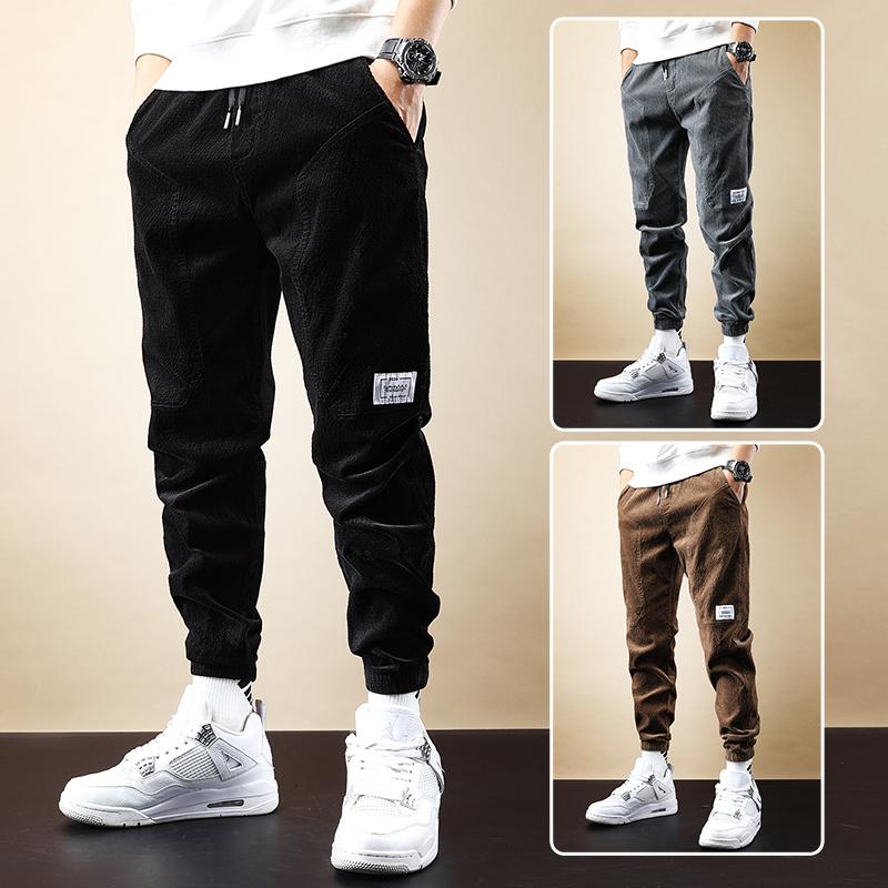 

Autumn Newly Fashion Men Jeans Loose Fit Casual Corduroy Cargo Pants Elastic Waist Streetwear Hip Hop Joggers Wide Leg Trousers, Black