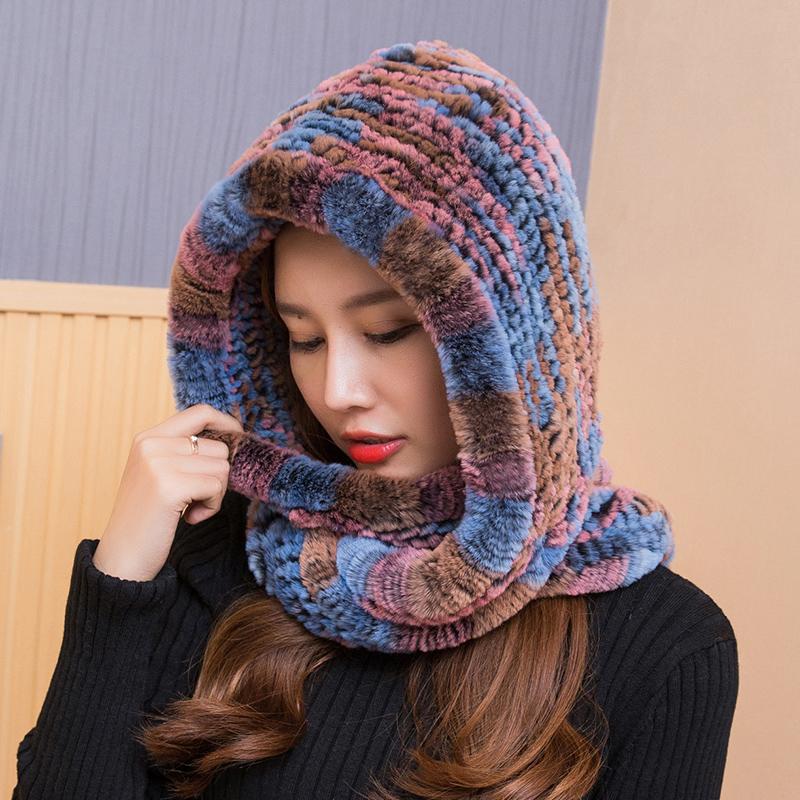 

Women 2021 Real Knitted Rex Fur Hat Hooded Scarf Long Winter Warm Fur Hat With Neck Collar Scarves