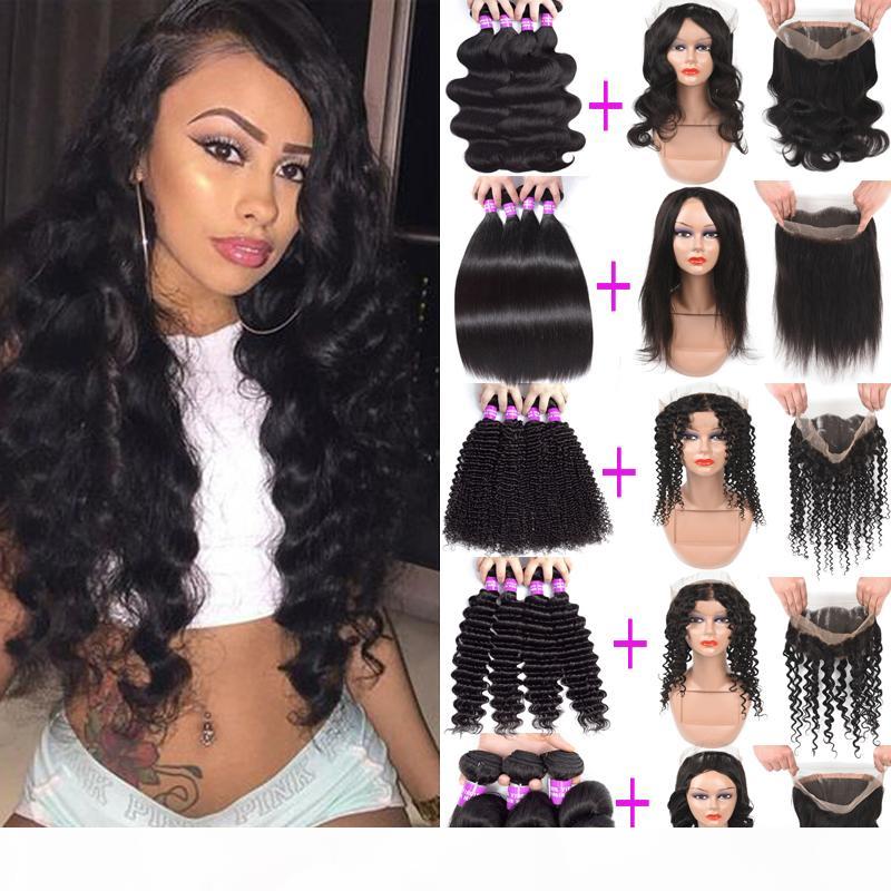 

9A Brazilian Deep Wave Curly Virgin Human Hair Bundles With 360 Lace Frontal Closure Cheap Human Hair Weave 3 Bundles With 360 Frontal, Straight