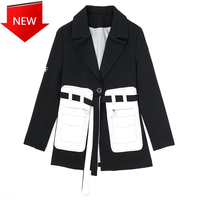 

Lapel Long Sleeve Loose Fit Jacket Fashion Spring Autumn Women Black Pocket Split Temperament Blazer New