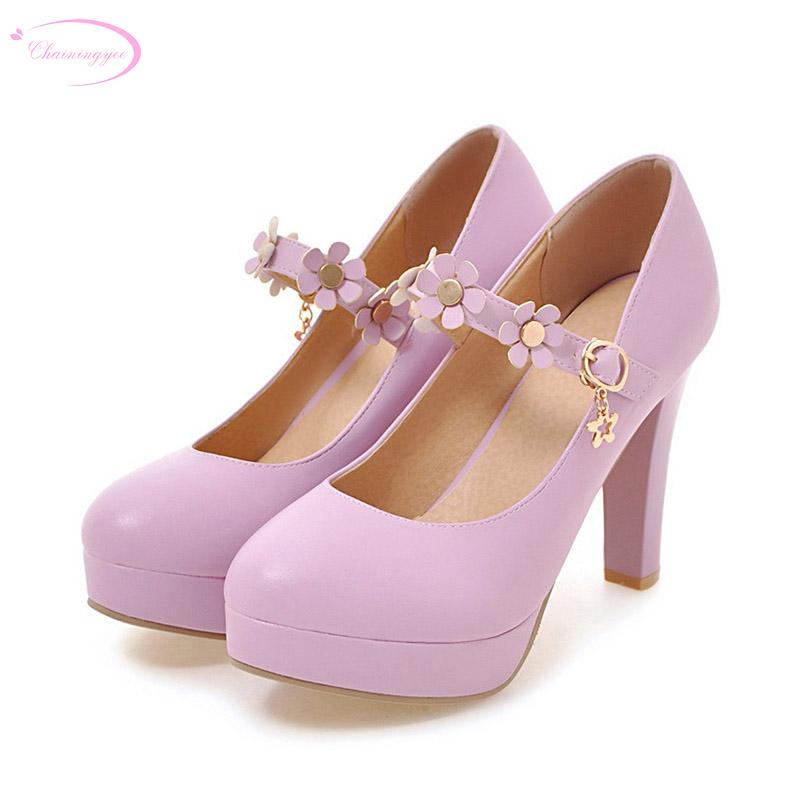 

Chainingyee party style round toe pumps rivets flower belt buckle platform pink purple white black high-heeled women's shoes