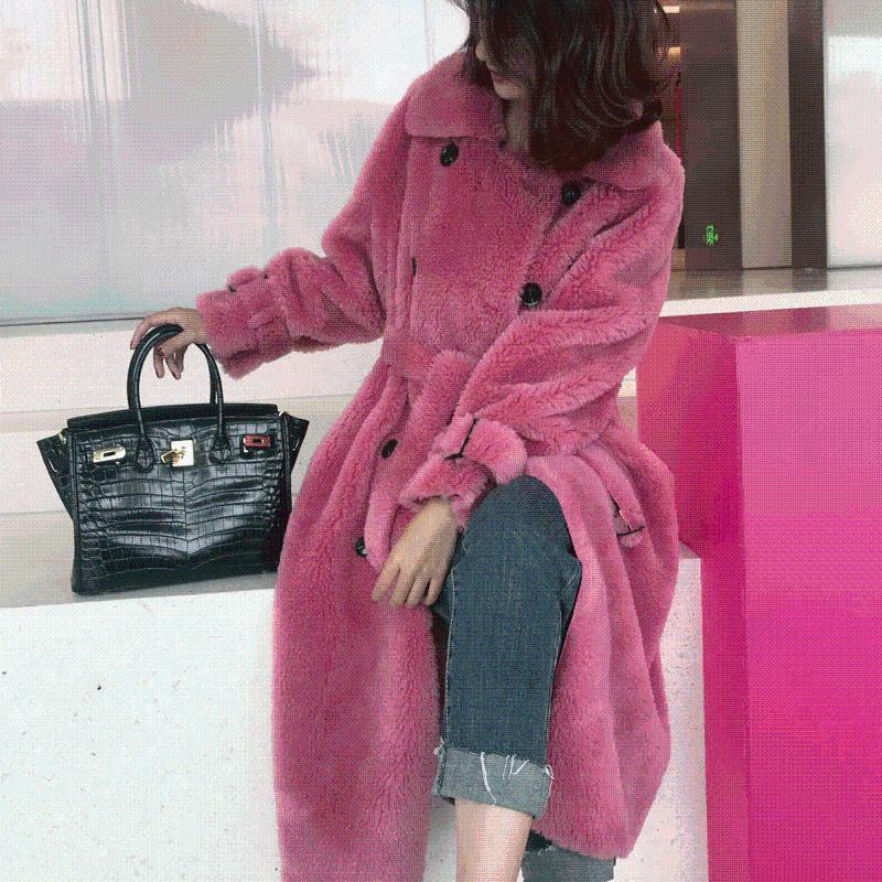 

Women 2021 Autumn Winter Real Fur Coat Female Double-Breasted Sheep Shearling Coats Overcoat Genuine Lambswool Furs Jacket S524, Pink