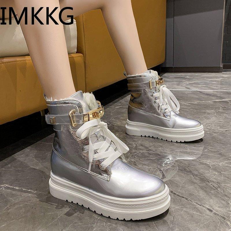 

2021 new Autumn Winter Fashion Boots platform Plush Ankle Snow boots Leather Motorcycle zapatos de mujer, Black