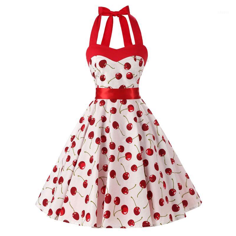 

Women Red Cherry Party Dress Vintage 50s Rockabilly Hepburn Dress 2020 Elegant Summer Strapless Swing Retro Halter Pin up1, Vintage 1950s dress