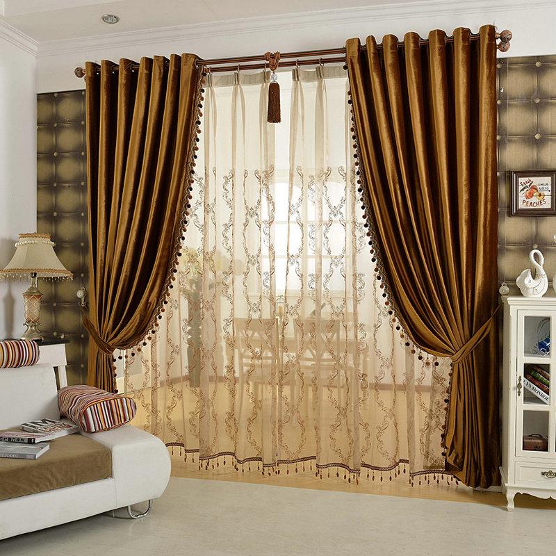 

Luxury Curtains Solid Flannel Curtains Ready Made With Braids Colorful Beige/ Brown /Golden /Purple Beads Included, Brown tulle