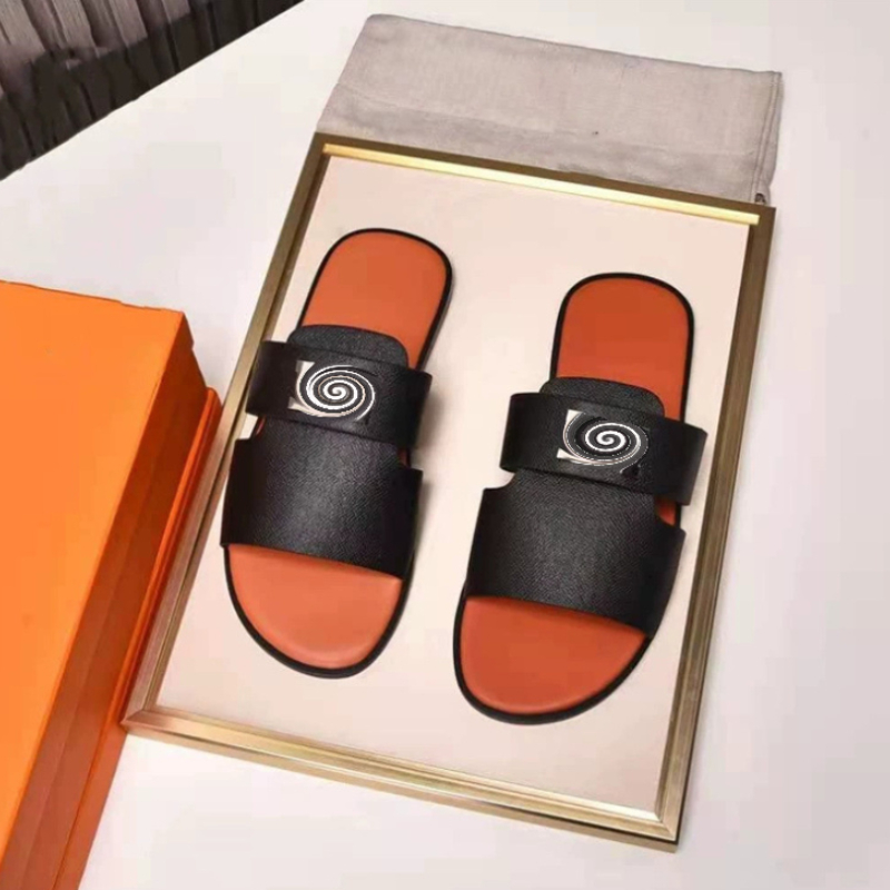 

2022 Slippers Men Shoes PU Leather Sleeved Leisure Metal Buckle Decoration Fashion Zapatillas Hombre HM253, Orange