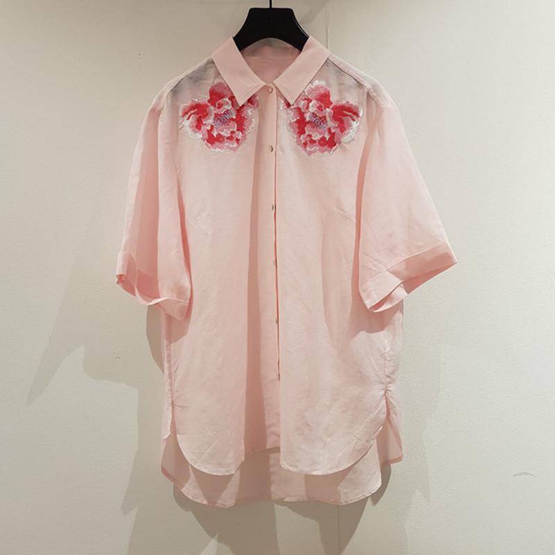 

2020 New Women Short Sleeve Pink Blouse Summer Flower Embroidered Single Breasted Gentle Turn-down Collar Shirts, As pic