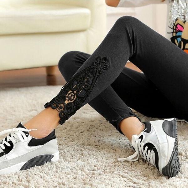 

Women Legging Skinny Lace Cotton Sheath Stretch Pants Lacework Soft Solid Color Ankle-Length Leggings1, Black