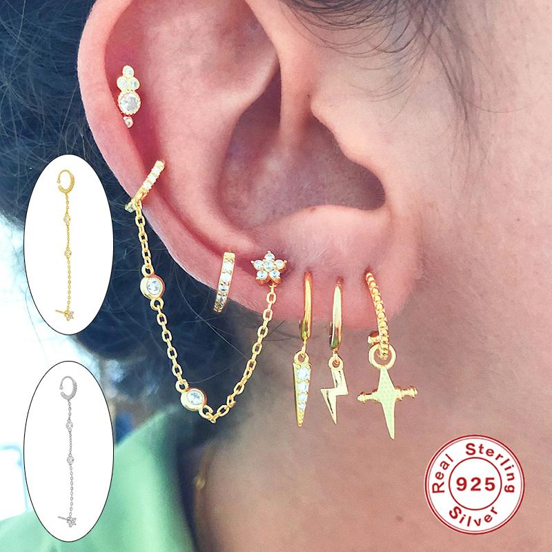 

925 Sterling Silver Punk Piercing Pendientes Chains Stud Earring for Unisex Women Girls Tassel Link Earrings Jewelry Accessories